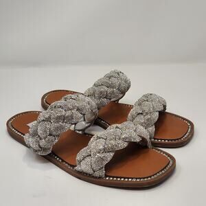 Steve Madden Newbie Silver Sparkly Braided Rhinestone Sandal Women Size 7.5 Flat
